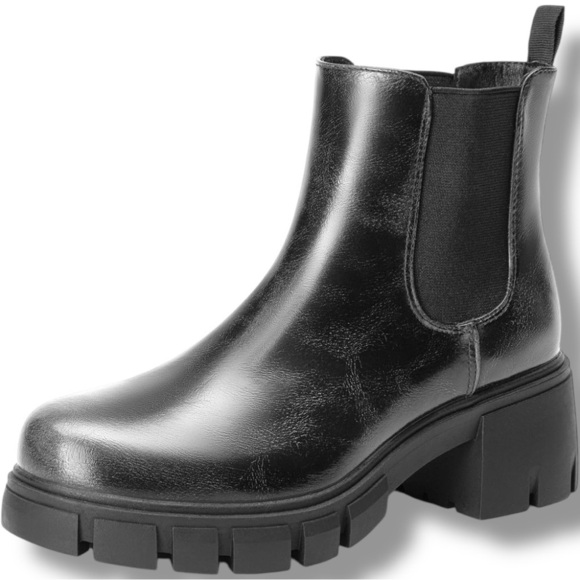 Elegant Black With Silver Leather Chunky Platform Heel Pull On Ankle Booties - Picture 6 of 12